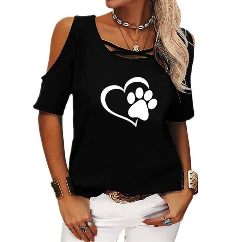 DOG Paw Short Sleeves Off Shoulder Print Women Casual Summer T Shirt Girl 2022 Tee Tshirt Loose Top T-Shirt